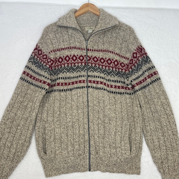 VNTG LL Bean Fair Isle Wool Zip Cardigan Sz L Made in USA Winter Outdoors Camp - Picture 2 of 12